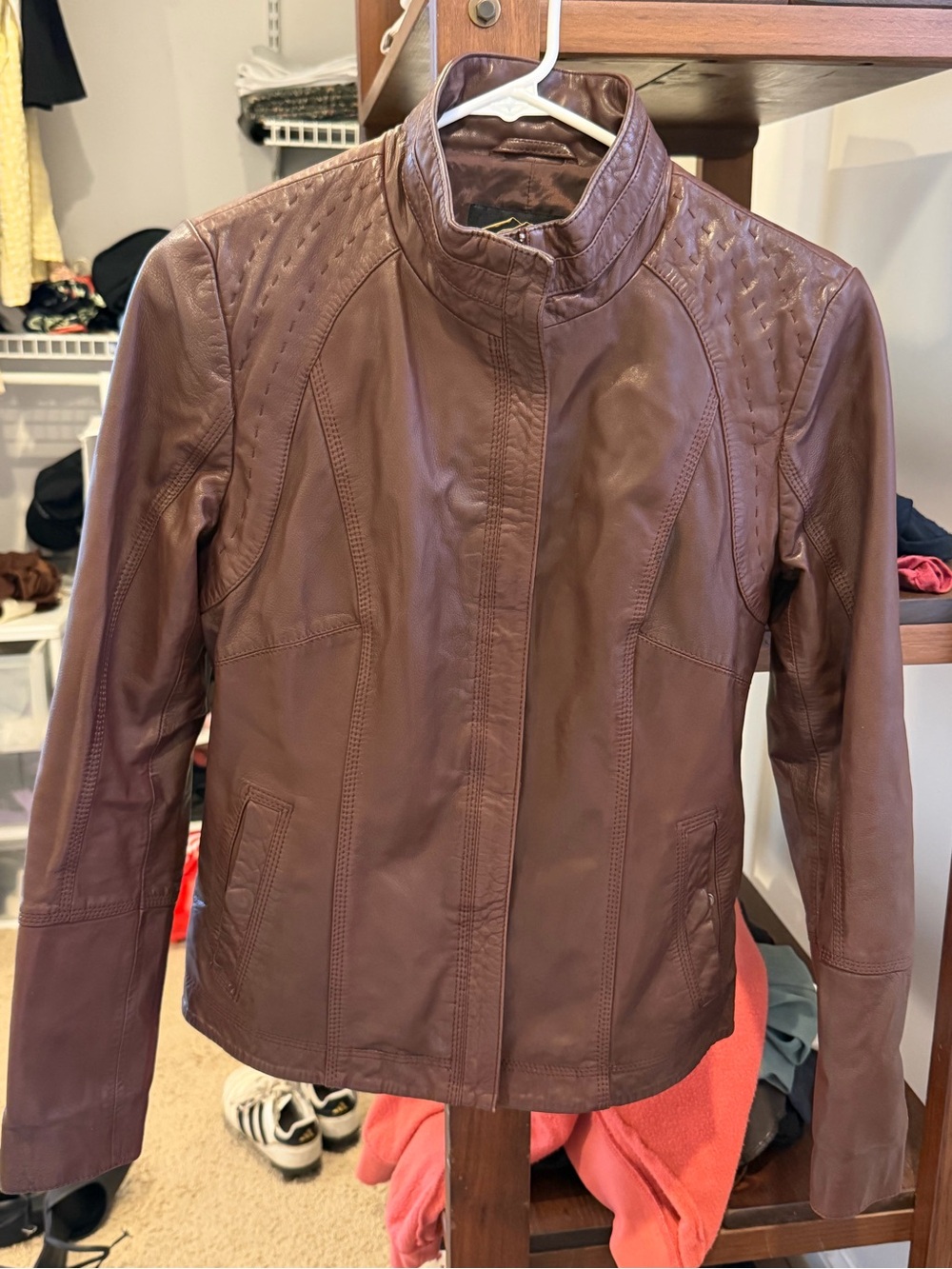 Women's Brown Leather Moto Jacket — Slim Stand Collar